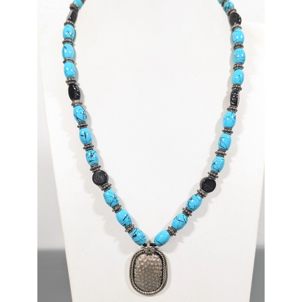 Boho Tribal Blue Faux Turquoise Black Glass Bead Hammered Necklace 21 in